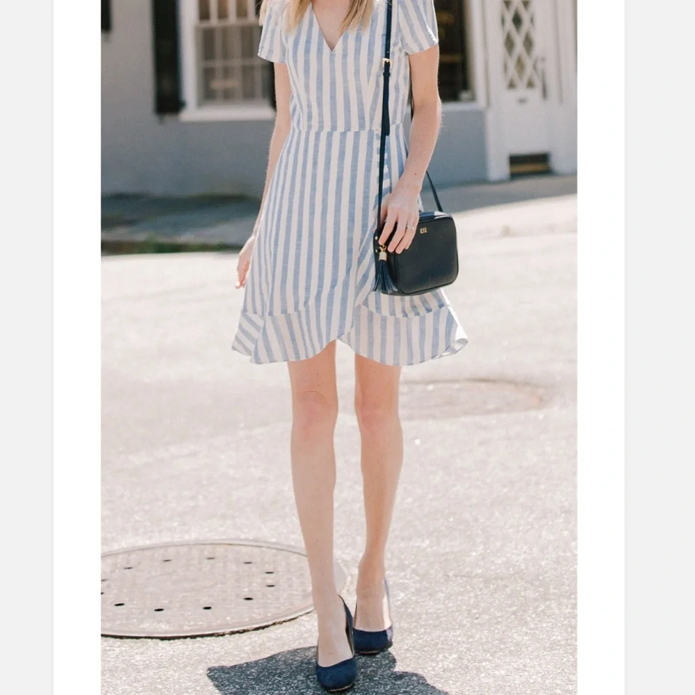 J. Crew Classic Striped Ruffle V-Neck Dress Size 4 Light Blue and Off-White